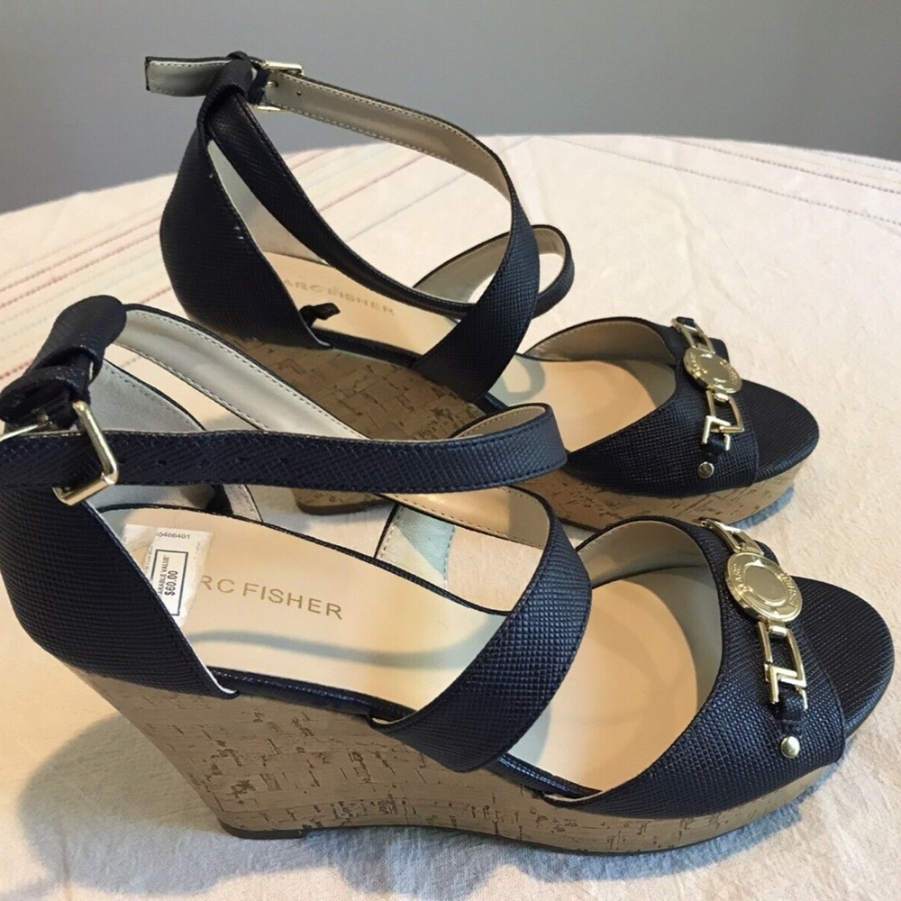 Marc Fisher Brantor Navy Blue Cork Wrap Around Ankle Strappy Wedge size 10M